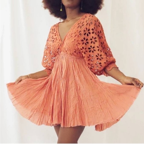 Free People One Bella Note Eyelet Mini Dress Tunic TerraCotta Clay Orange Boho - Picture 15 of 15